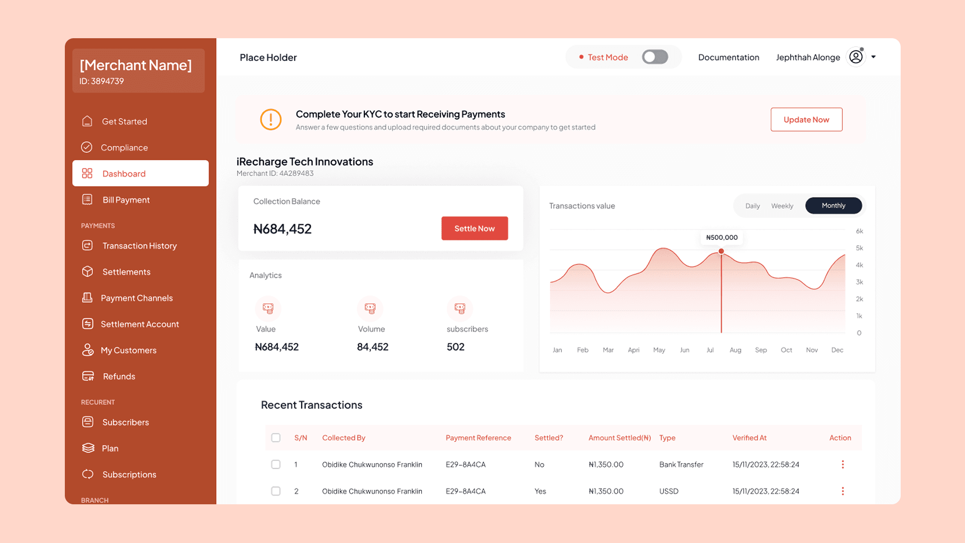 Merchant dashboard — collections, profit wallet, and settlement overview.
