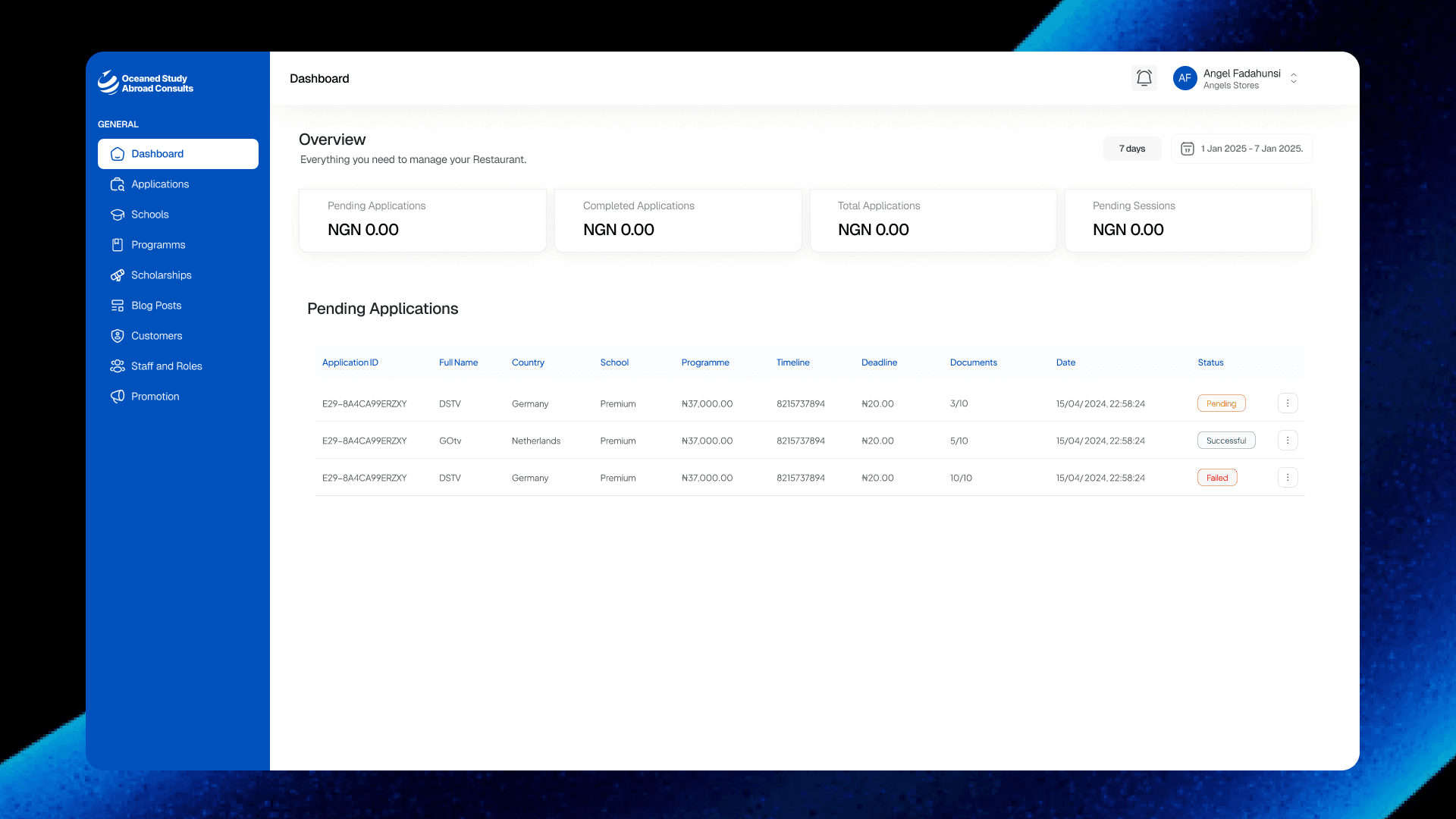 Student application dashboard — progress timeline, document checklist, and payment status in one view.